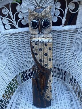 Hand-Carved Brown and Cream Owl wood Sculpture